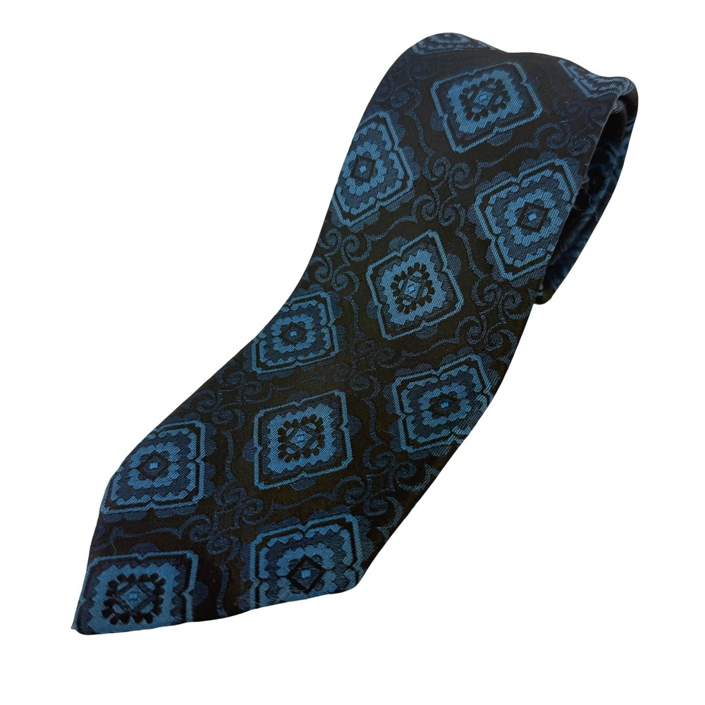 CHRISTIAN DIOR VTG 60's Silk Blue Black Geometric Medallion Narrow‎ Tie 53x2.5